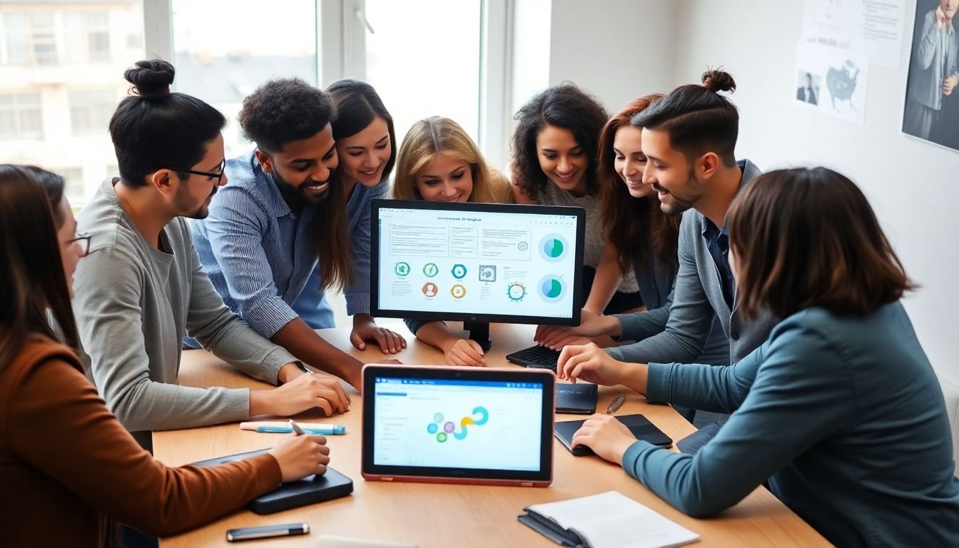 A diverse group of people collaborating around a table, brainstorming and designing an infographic on a laptop, with assistive devices like a braille display and a screen reader nearby, symbolizing inclusive design.
