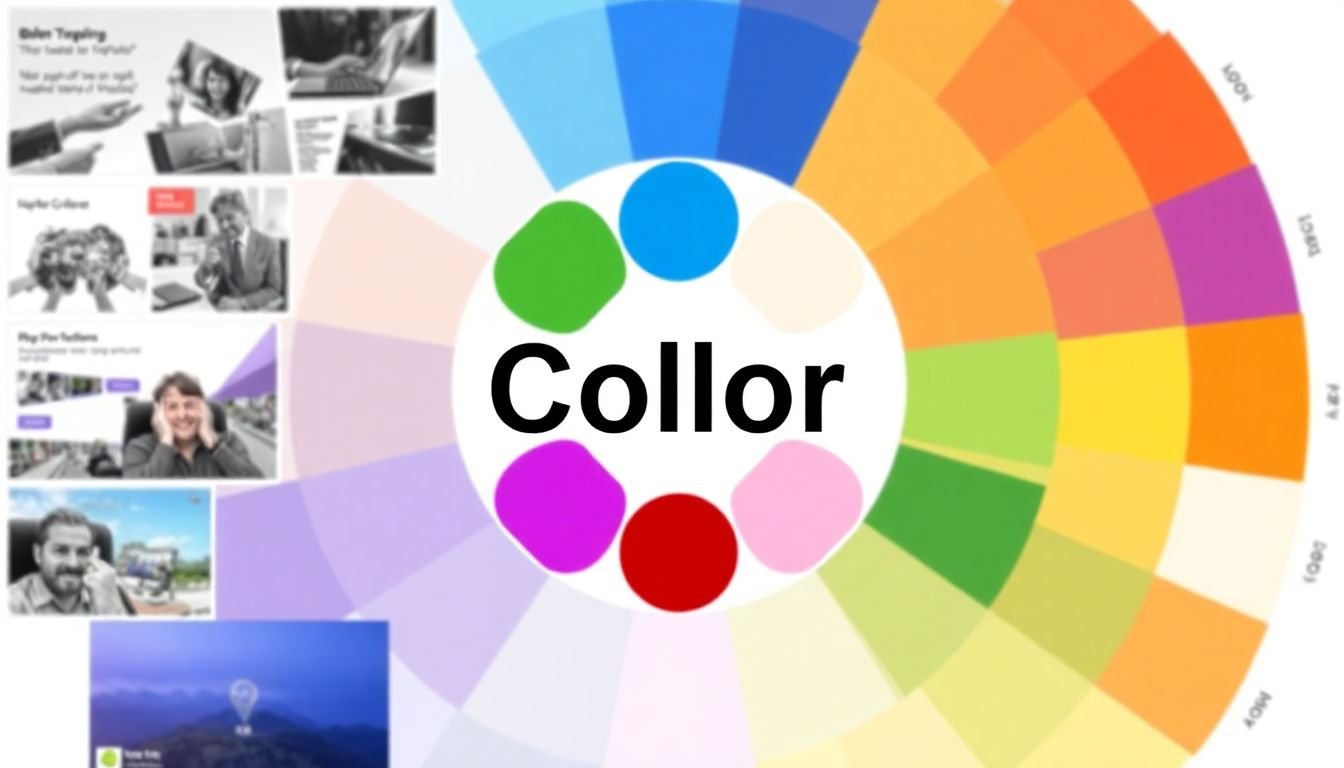 A color wheel with specific colors circled, representing a brand's cohesive color palette, surrounded by examples of how the colors are used across different platforms.