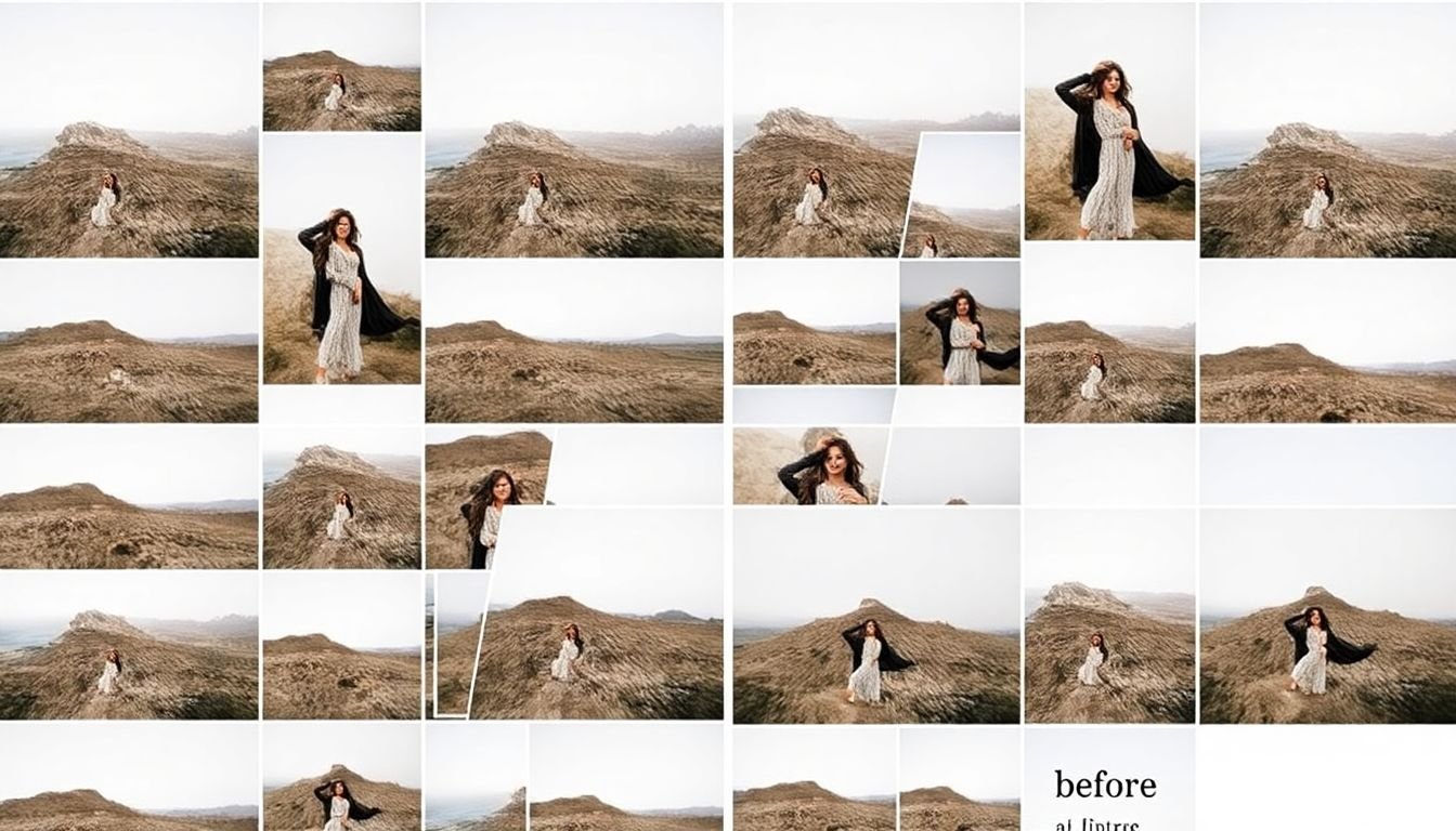 A grid of consistently styled images that represent a brand's visual library, with a before-and-after example of image editing.