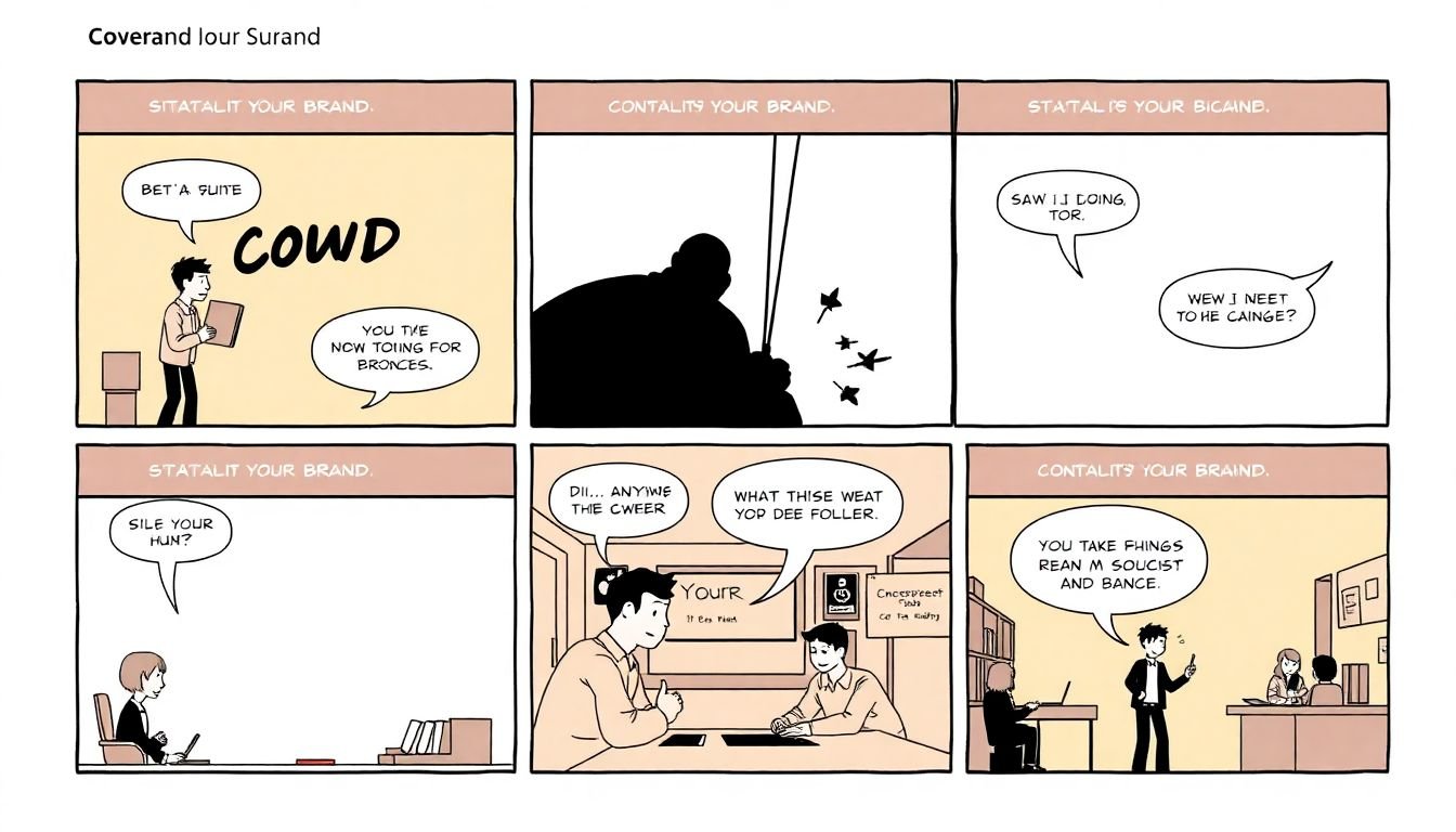 A comic strip or storyboard that illustrates a brand's narrative, with consistent visual elements throughout.