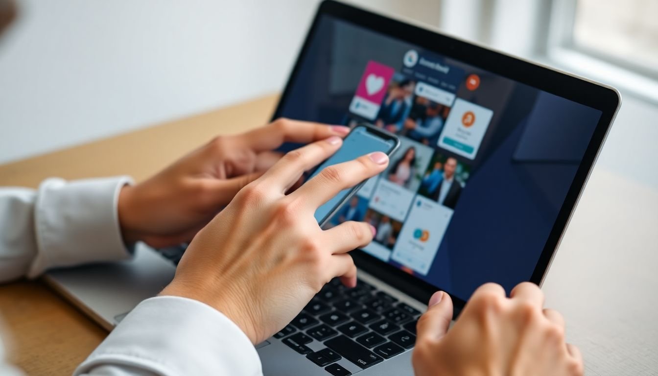 A vibrant, close-up shot of a social media manager's hands effortlessly switching between apps on a sleek laptop, with consistent, eye-catching visuals across each platform's interface.