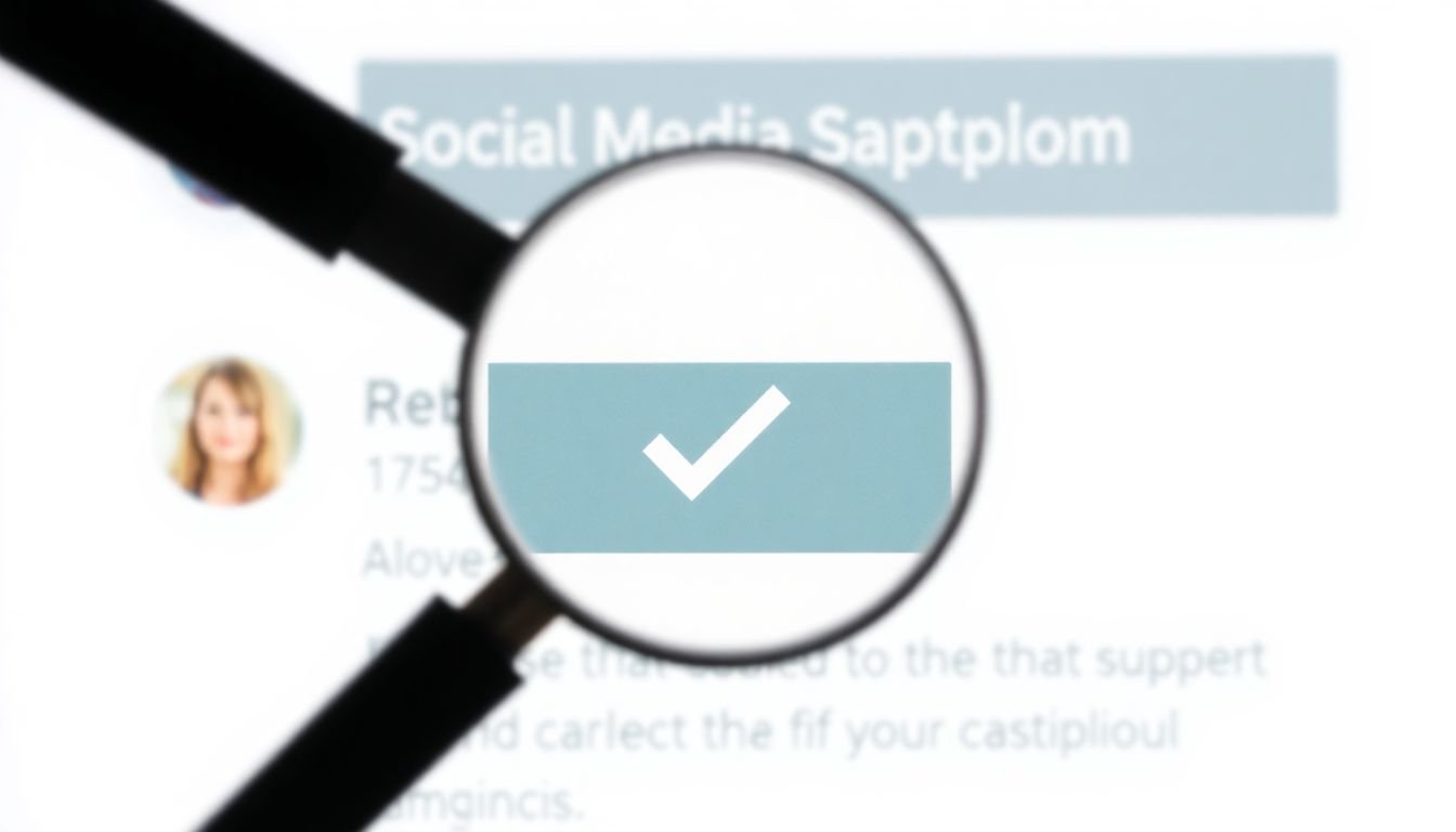 A magnifying glass zooming in on a clear and concise social media caption, with a checkmark next to it.