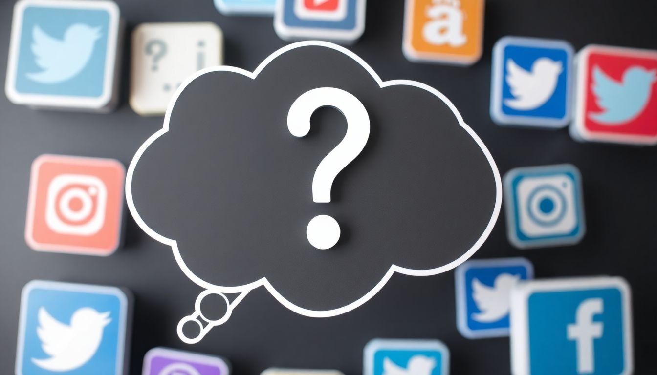 A thought bubble with a question mark or exclamation point, surrounded by social media icons.