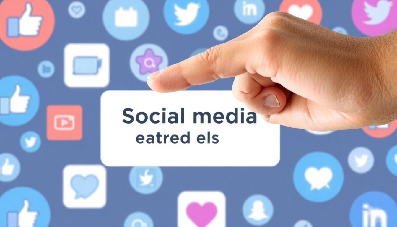 A hand pointing at a social media caption with a clear call-to-action, surrounded by icons representing different types of engagement (like, share, comment, etc.).