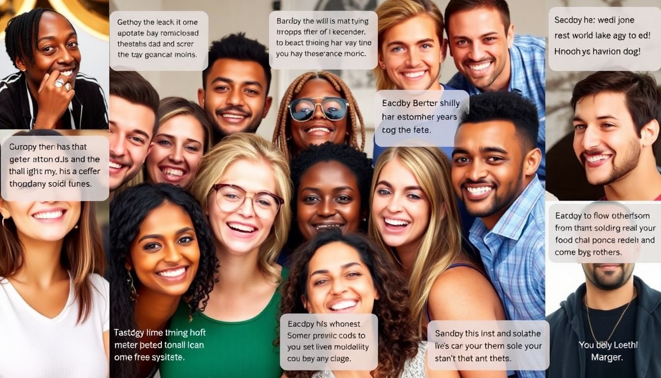 A diverse group of people interacting with a social media post, with the caption tailored to each individual's interests and preferences.