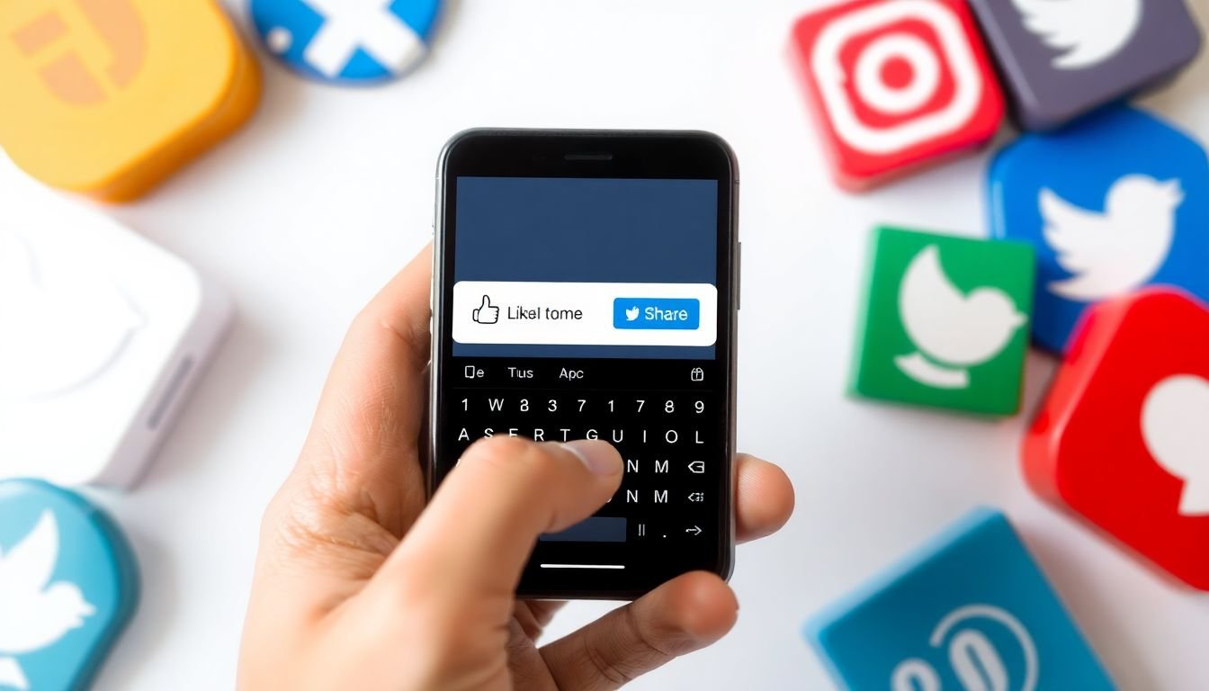 A creative hand holding a smartphone, typing a witty caption, with a 'like' and 'share' button popping up, surrounded by colorful social media icons.