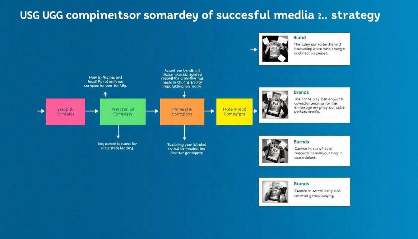 A roadmap or flowchart showing UGC as a key component of a successful social media strategy, with examples of brands and their UGC campaigns.