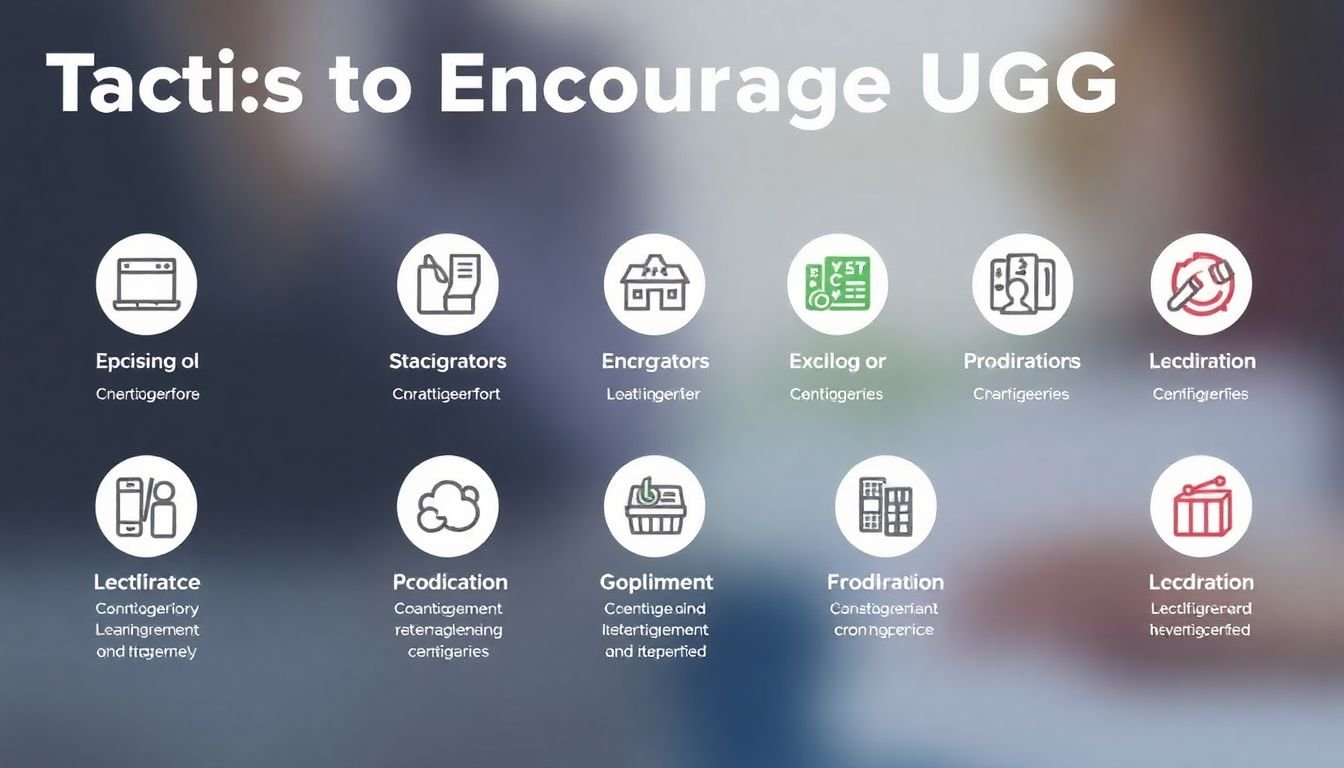A visual guide or infographic showcasing various tactics to encourage UGC, with icons or images representing each strategy.