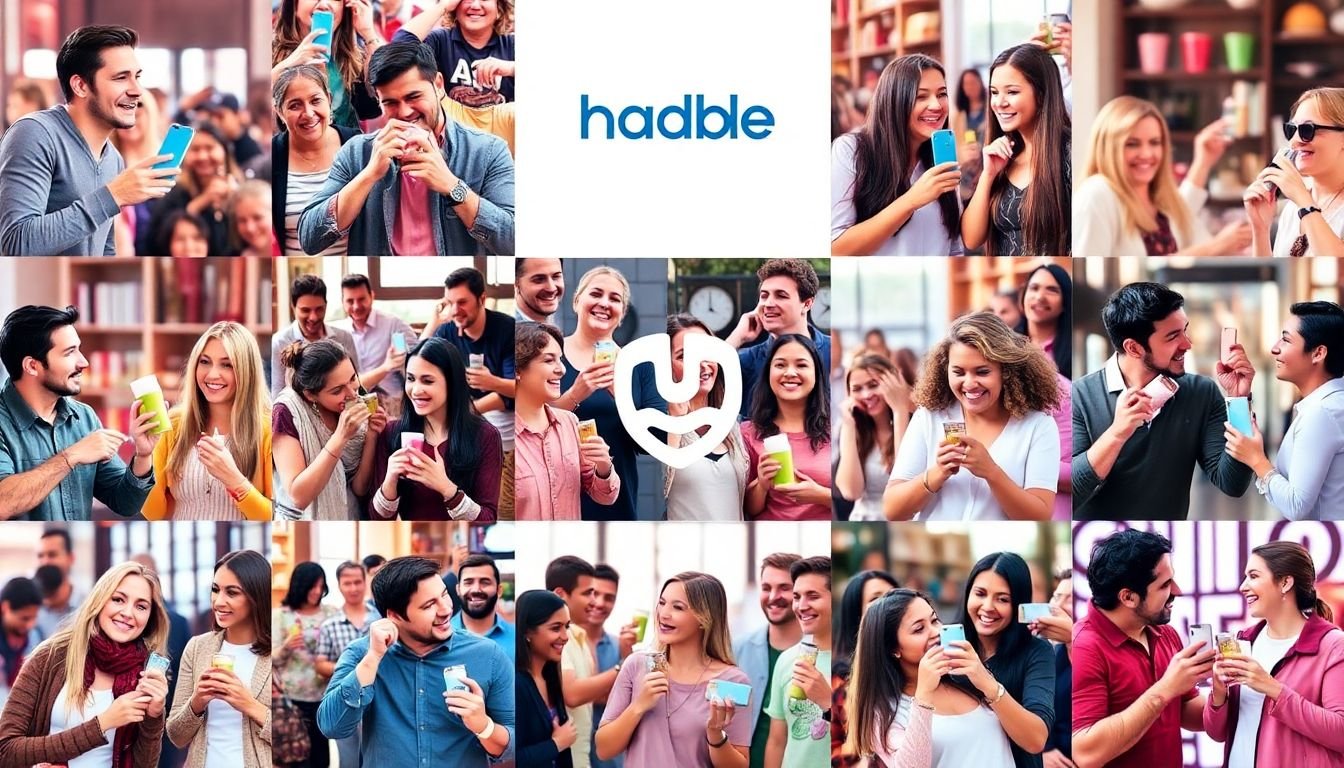 A vibrant collage of customers enjoying and sharing products, with the brand's logo subtly integrated, set against a colorful social media backdrop.