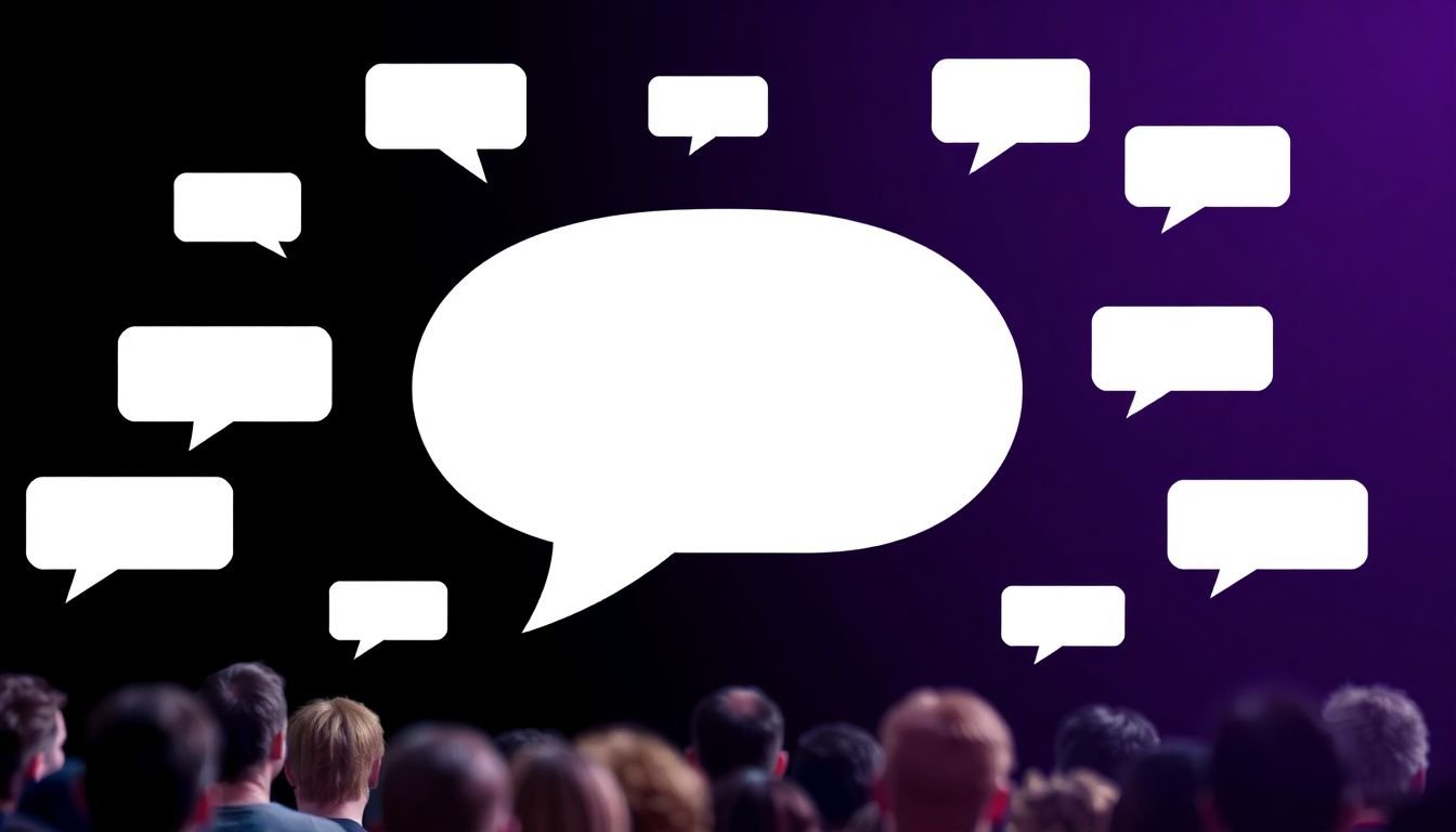 A conversation bubble with a speech balloon inside, surrounded by smaller speech bubbles representing audience engagement.