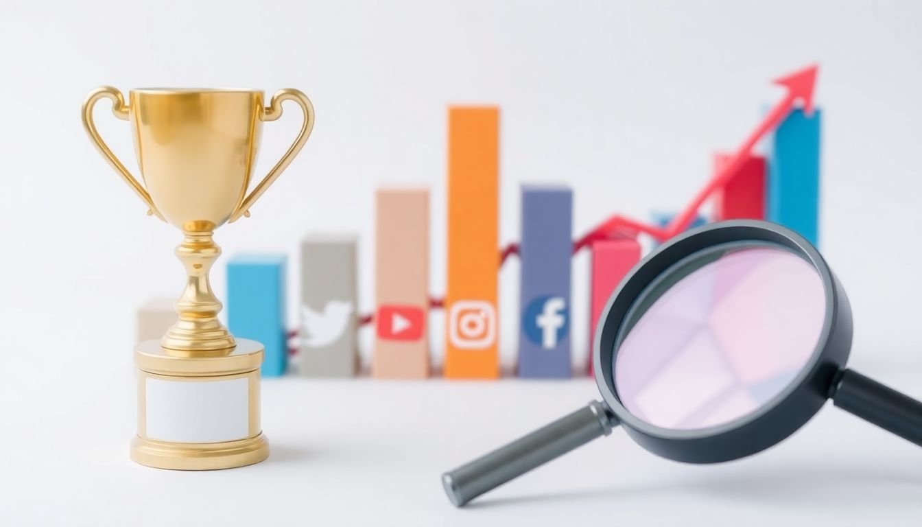 A bar graph displaying various social media metrics, with a trophy and a magnifying glass in the foreground.