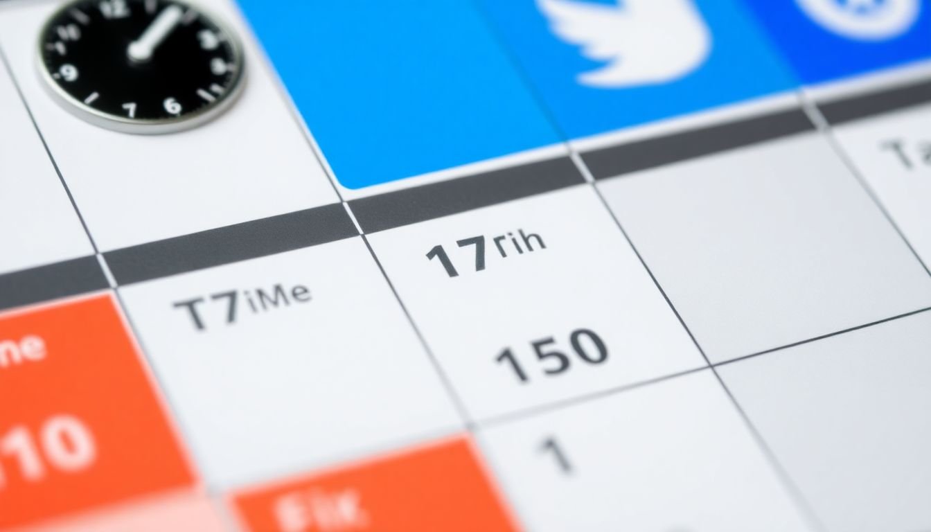 A calendar with highlighted dates and times, featuring a clock and a social media icon.