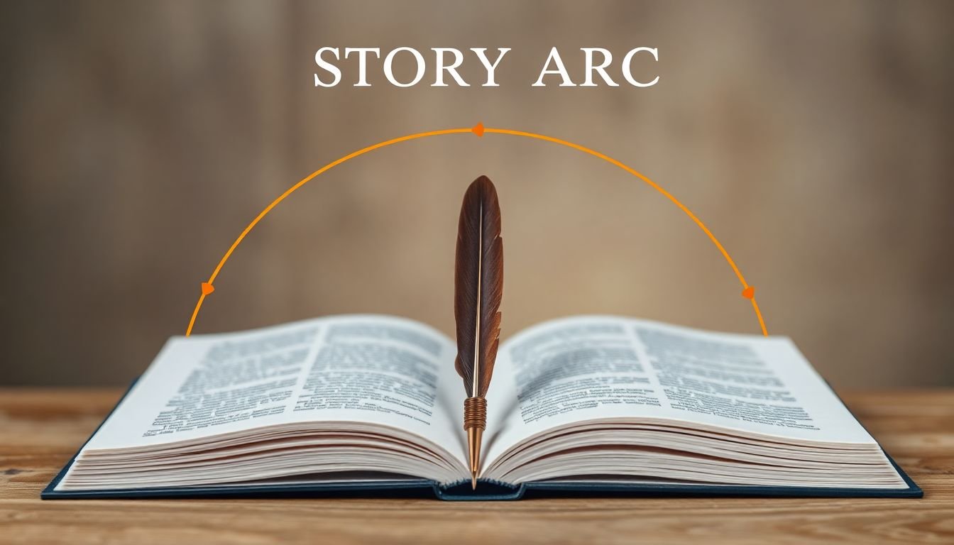 A visual representation of a story arc, with a quill pen and an open book in the foreground.