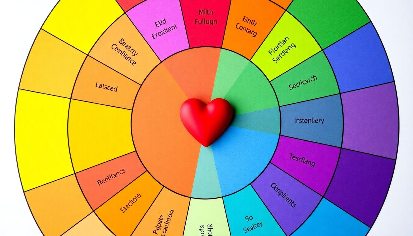 A color wheel with emotional states labeled, featuring a heart in the center to represent emotional resonance.