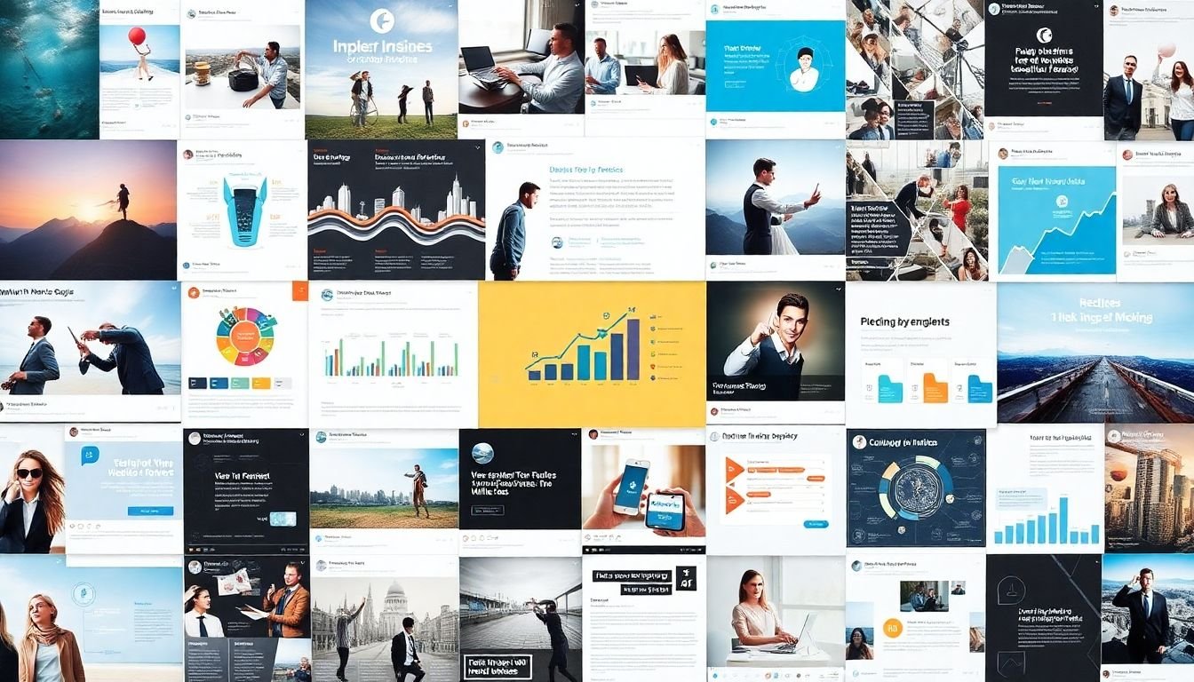 A collage of engaging social media visuals, including images, infographics, and short videos.