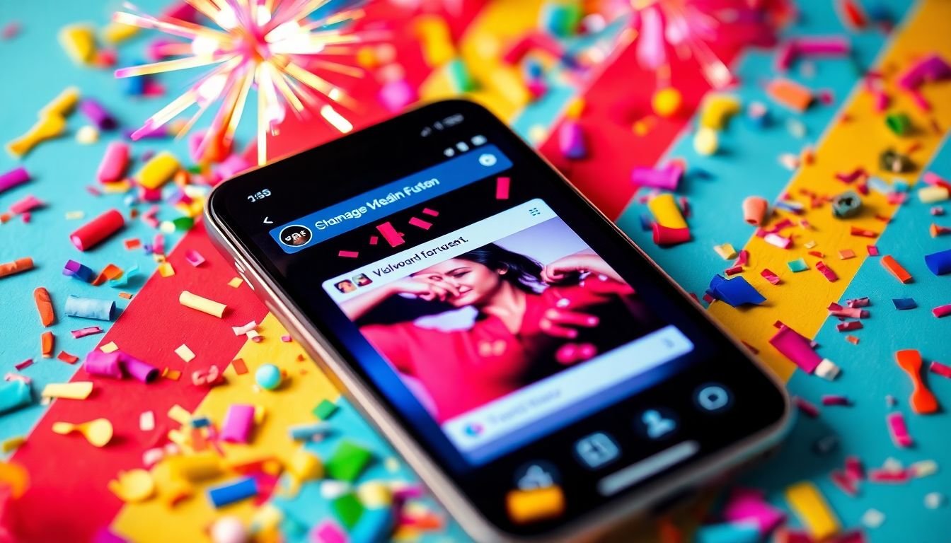 A vibrant, close-up shot of a smartphone screen displaying a viral social media post, with confetti and party poppers surrounding it, symbolizing celebration and virality.