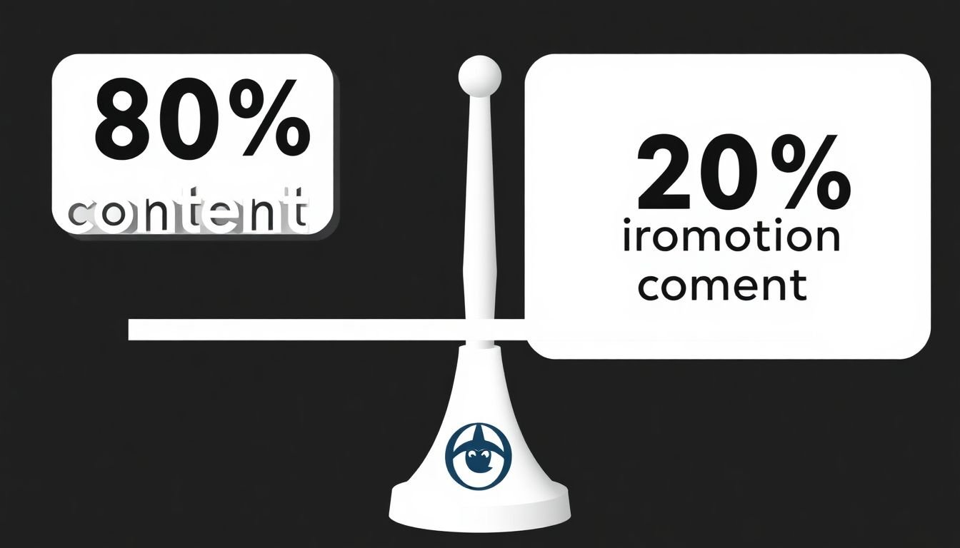 A scale balanced with 80% value-added content and 20% promotional content, with the brand's logo at the fulcrum.