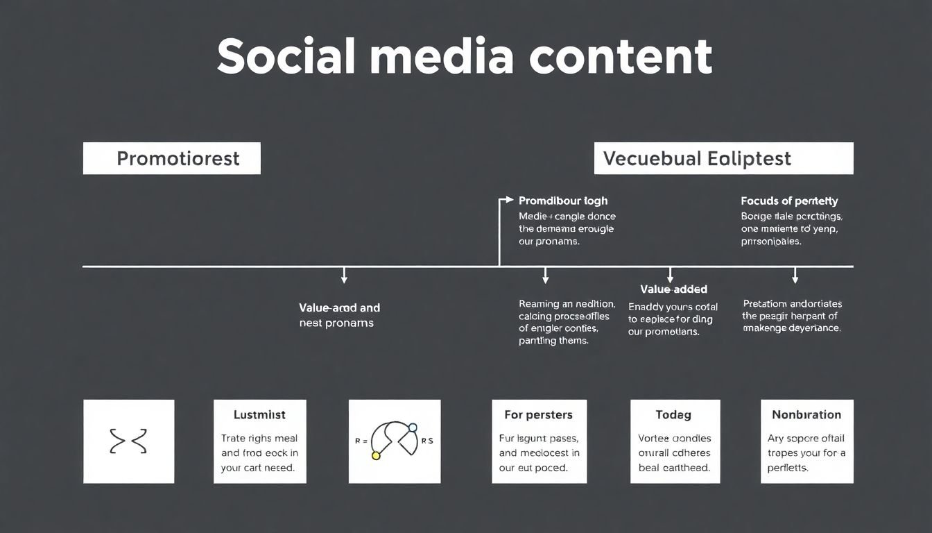 Infographic showing the spectrum of social media content, with promotional at one end and value-added at the other, and examples of each in between.