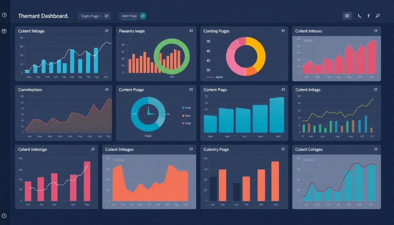 A dashboard filled with graphs and charts representing various KPIs, with a balanced content strategy at the center.