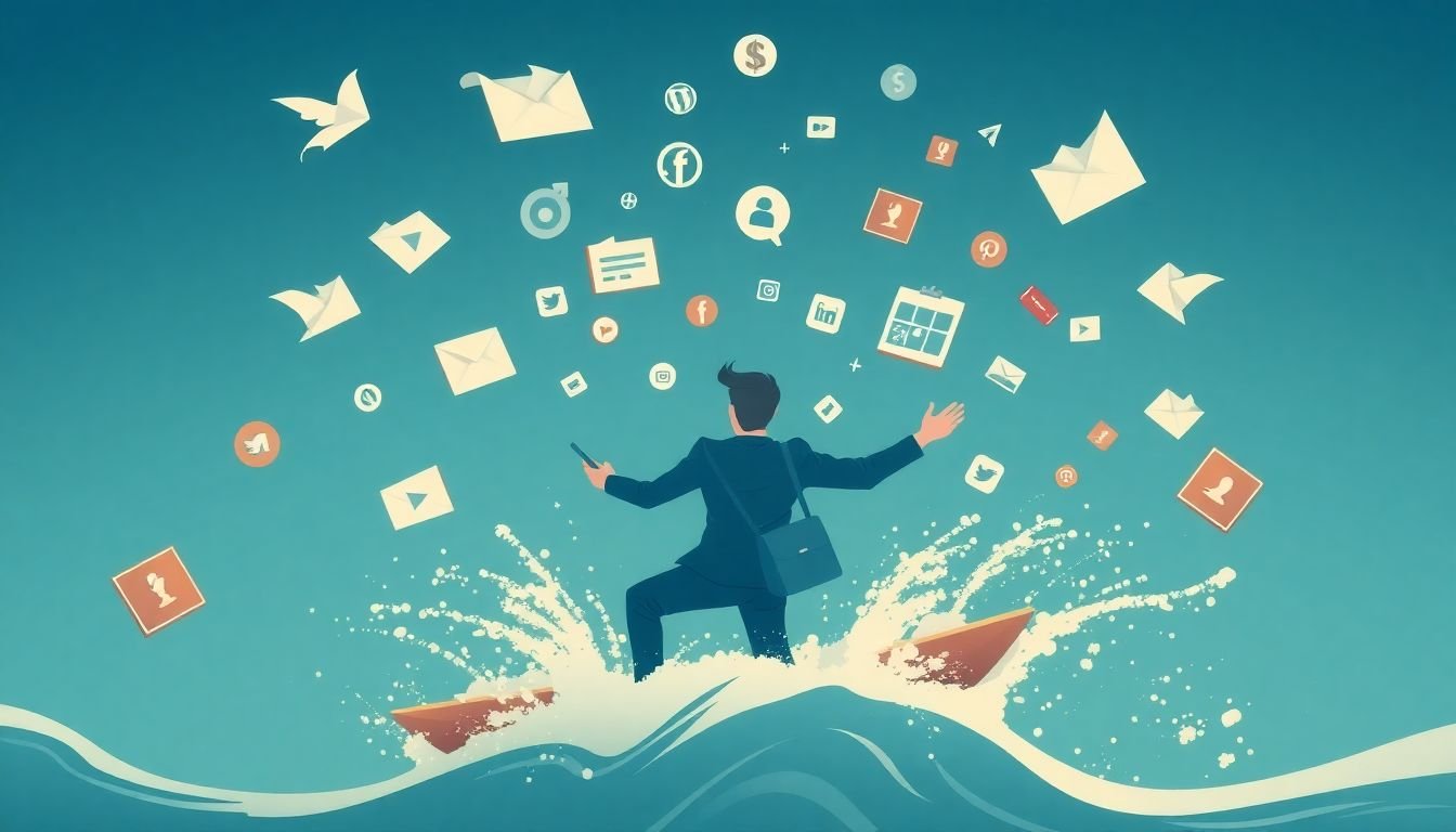 A social media manager navigating a dynamic, ever-changing landscape, with promotional and value-added content elements shifting around them.