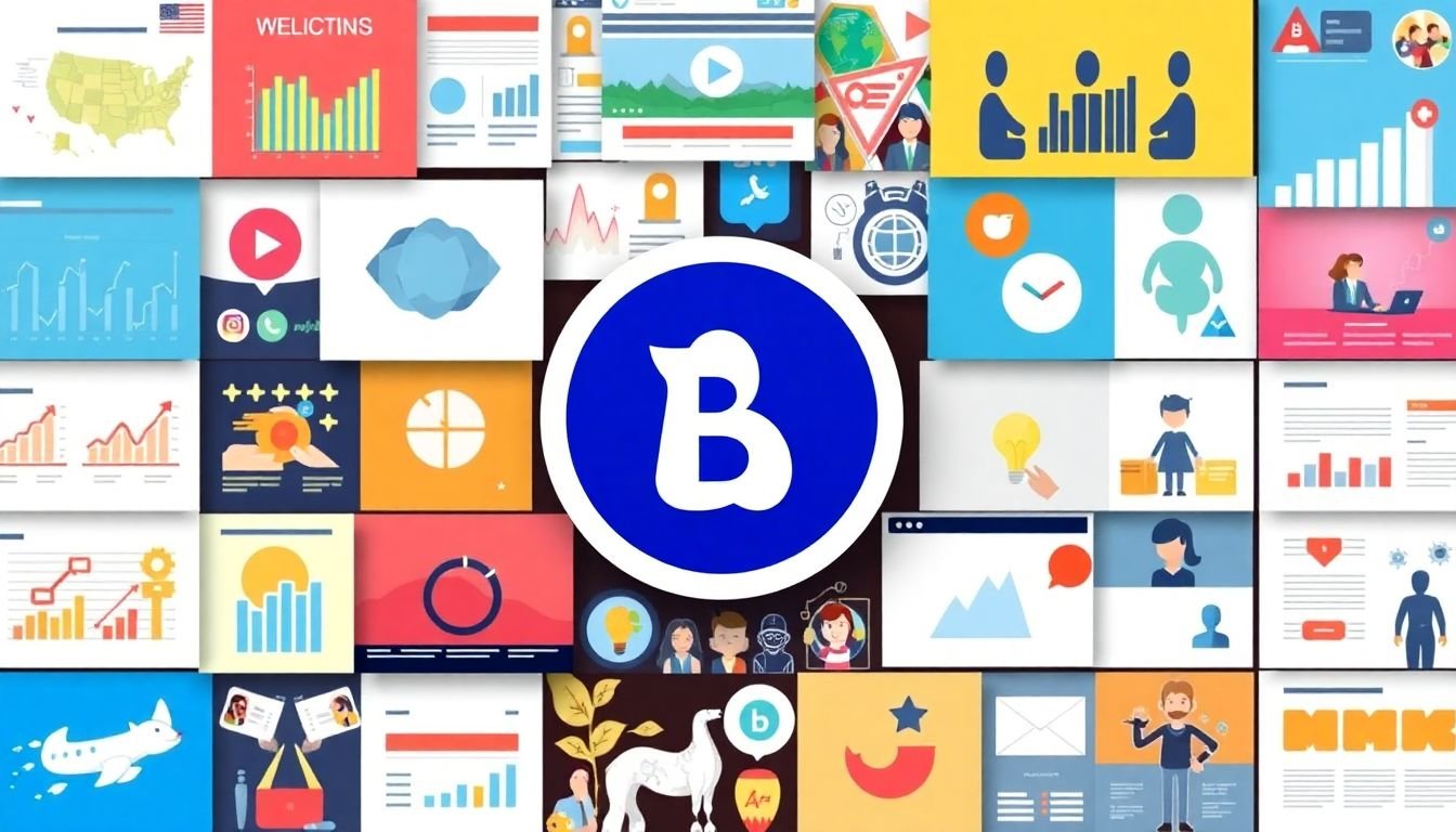 A diverse range of value-added content (infographics, videos, memes, etc.) surrounding a central brand logo.