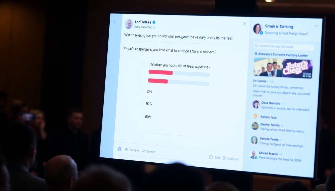 A social media post with a poll or quiz, surrounded by engagement metrics and audience comments.