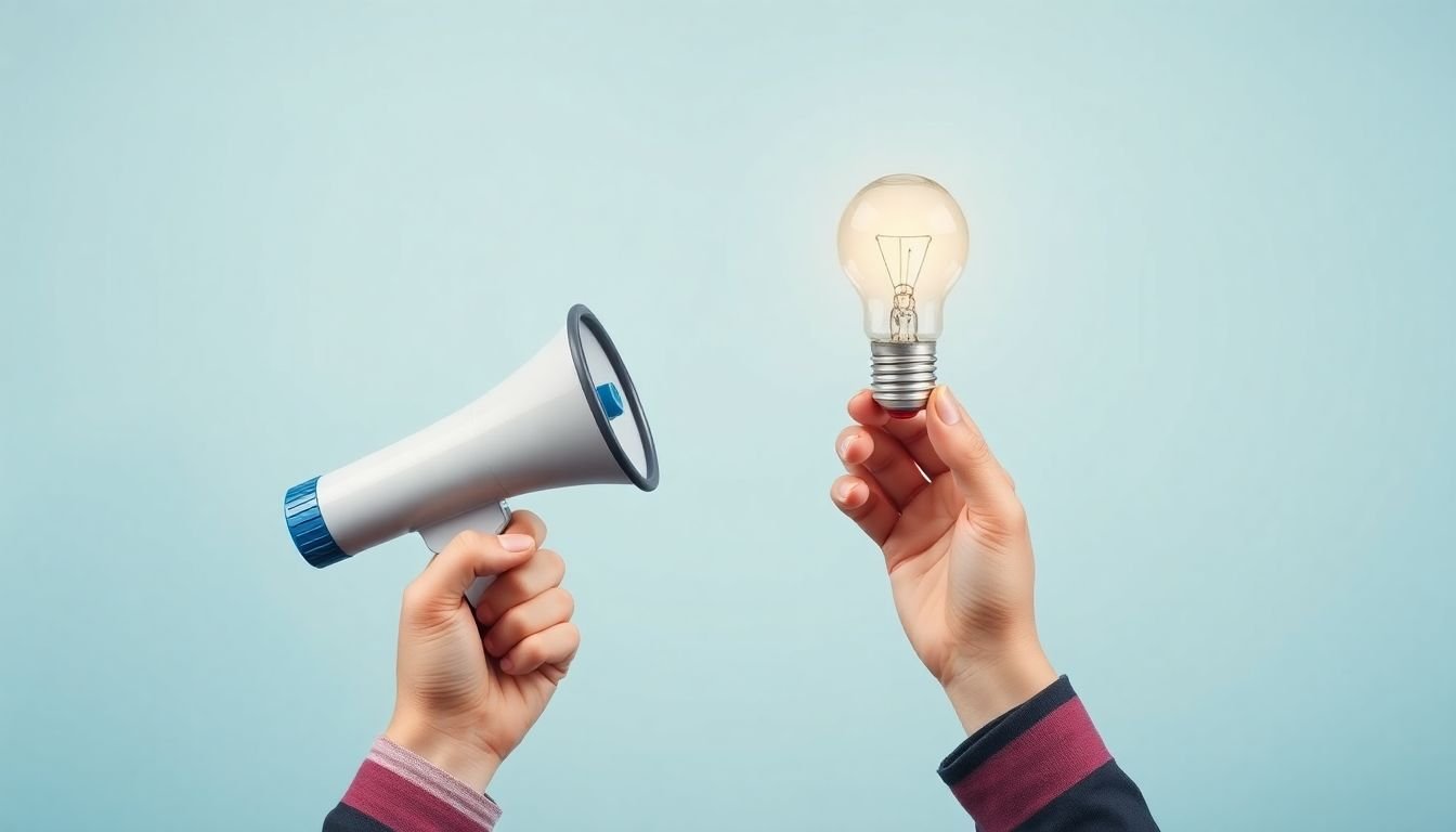 A social media manager's hands, one holding a megaphone (promotional content) and the other holding a lightbulb (value-added content), trying to find the perfect balance while a graph showing engagement and sales grows behind them.
