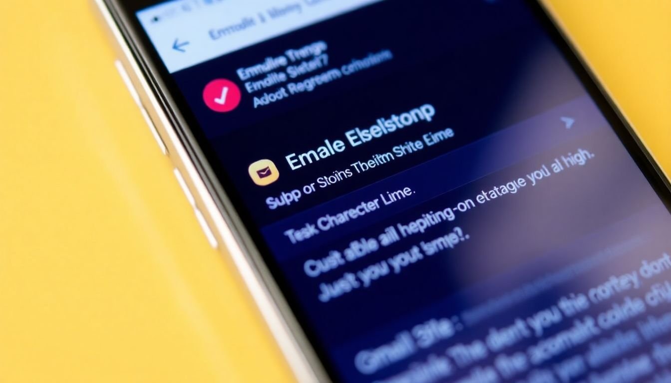 A smartphone screen displaying an email inbox, with a focus on the subject line and character limits.