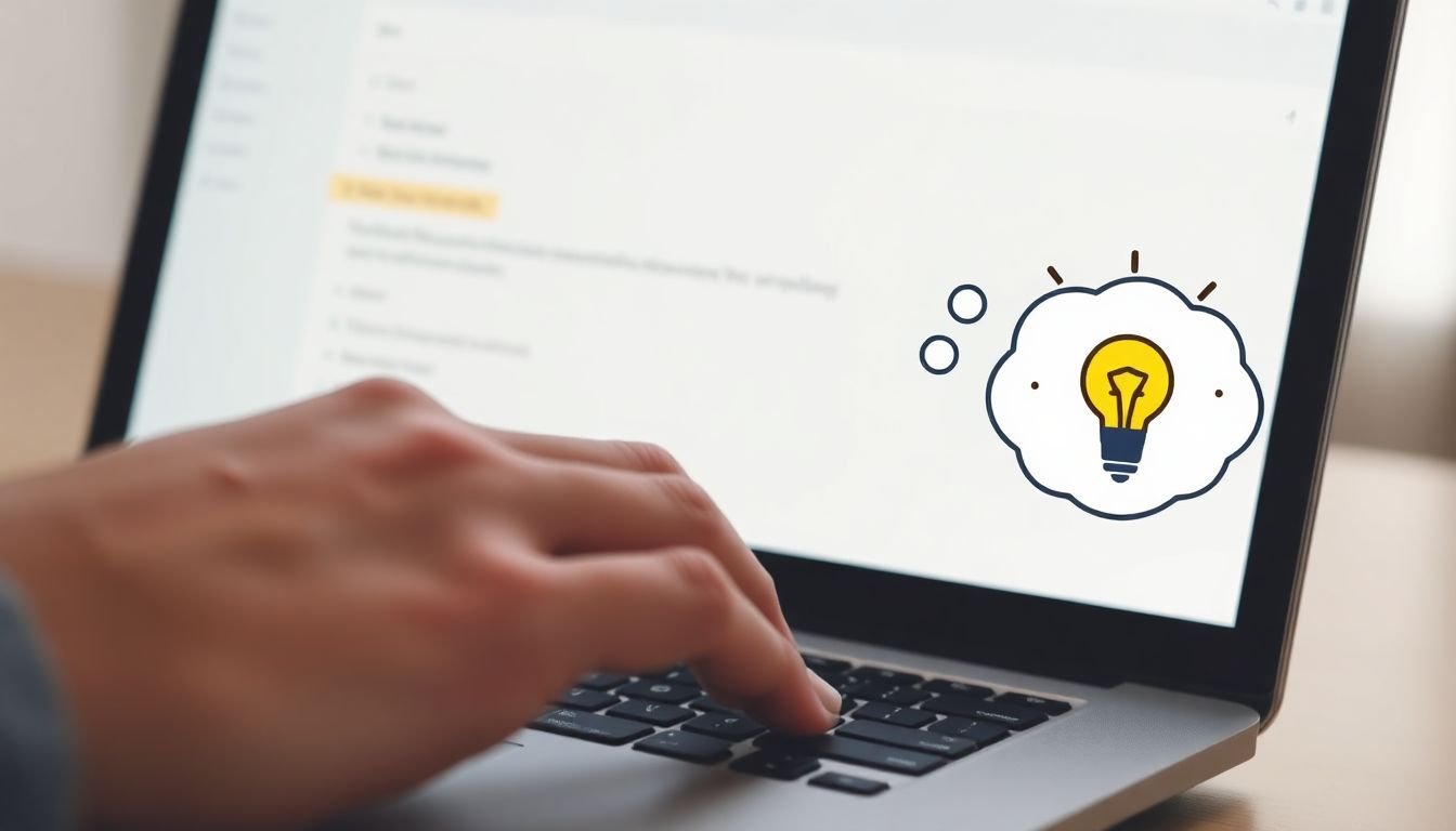 A close-up of a hand typing on a laptop keyboard, with an open email client visible on the screen. The subject line is highlighted, with a thought bubble next to it, showing a lightbulb moment.