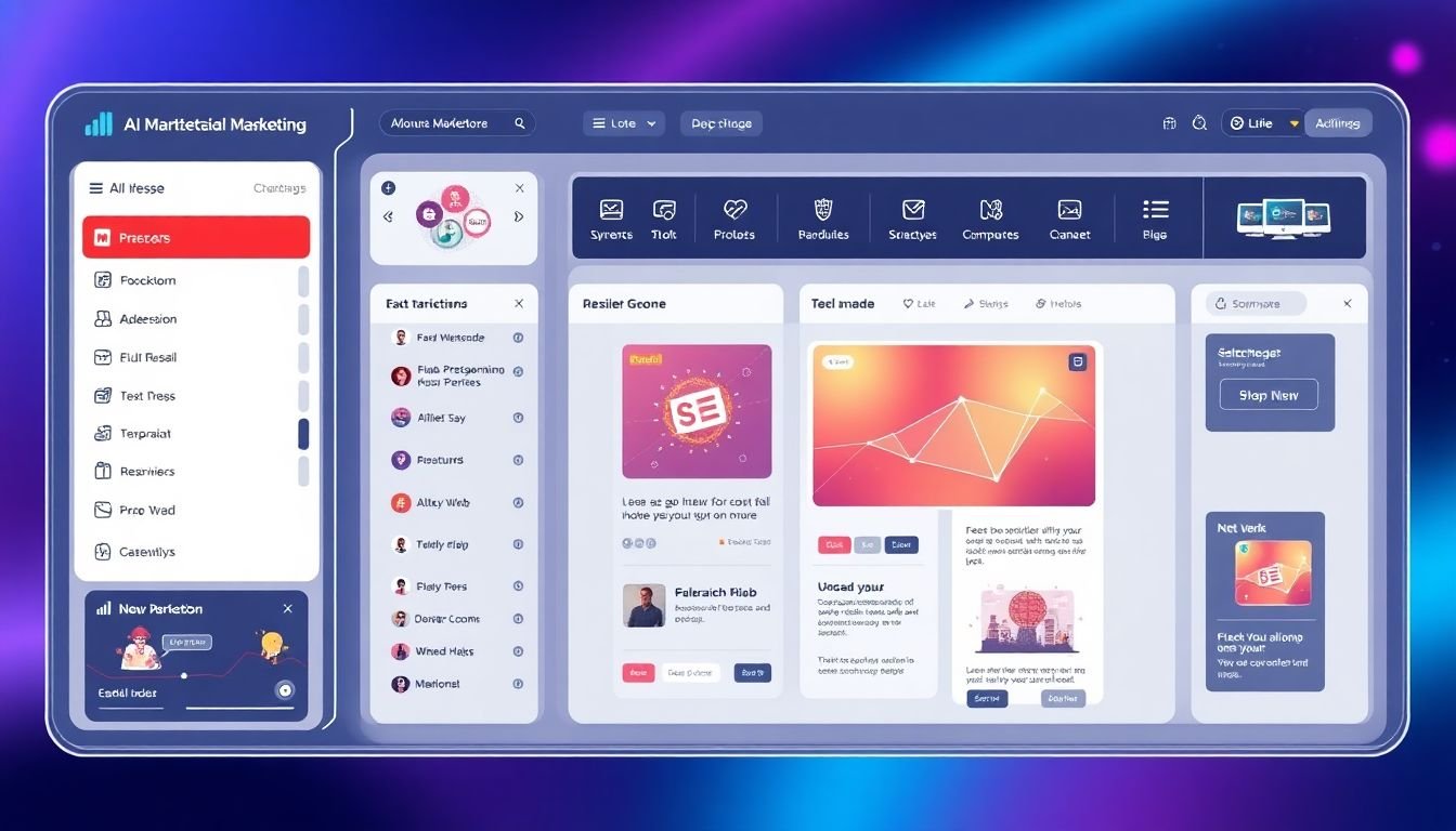 A futuristic email marketing dashboard, with AI-powered personalization tools and interactive email previews.