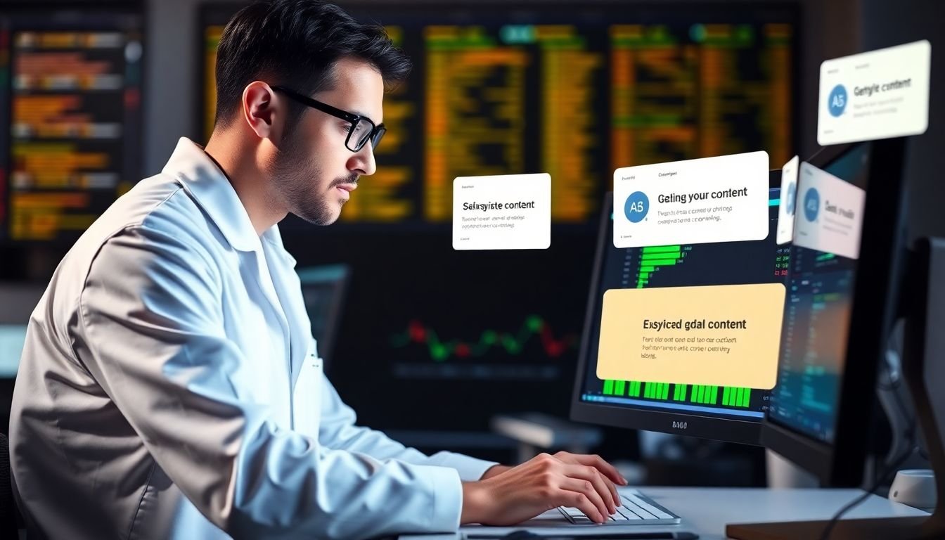 A data scientist analyzing customer data points on a computer screen, with personalized email content ideas popping up as they work.