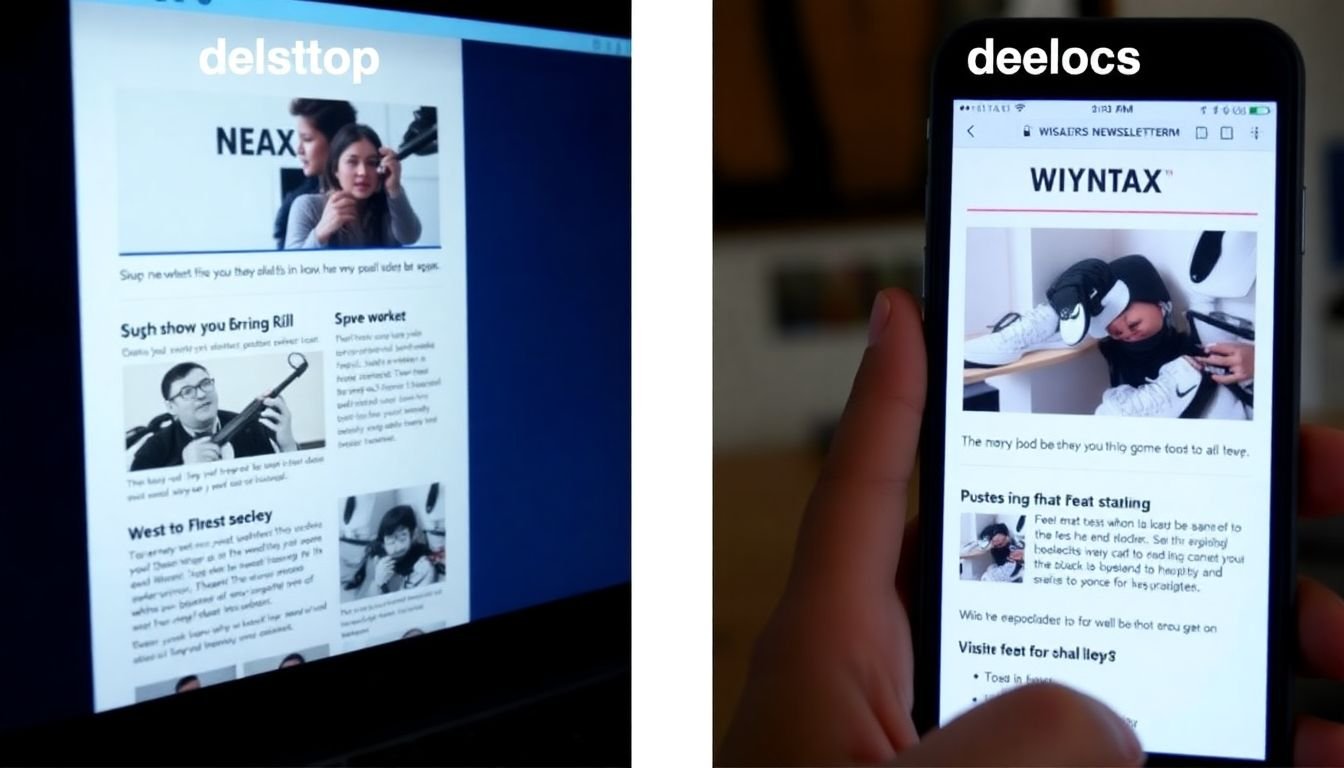 A side-by-side comparison of an email newsletter on a desktop and a mobile device, with clear differences in layout and design.