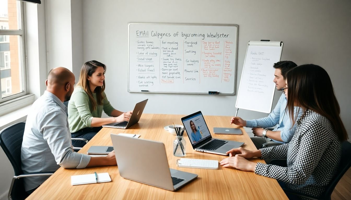 A team meeting around a table, brainstorming ideas for an upcoming email newsletter campaign, with laptops open and a whiteboard filled with notes.
