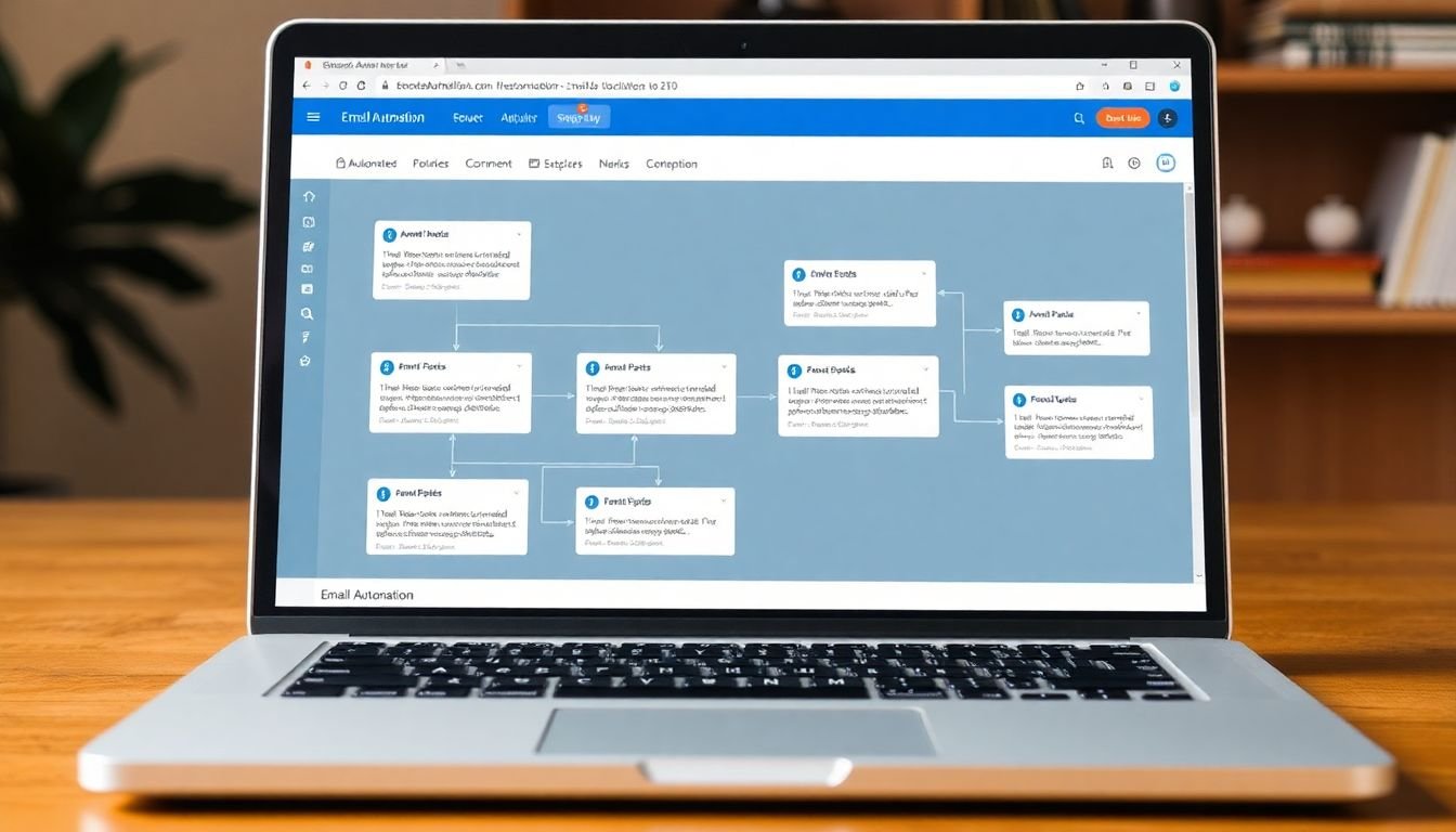 A laptop screen displaying an email automation workflow, with various automated emails branching out to different subscriber segments.