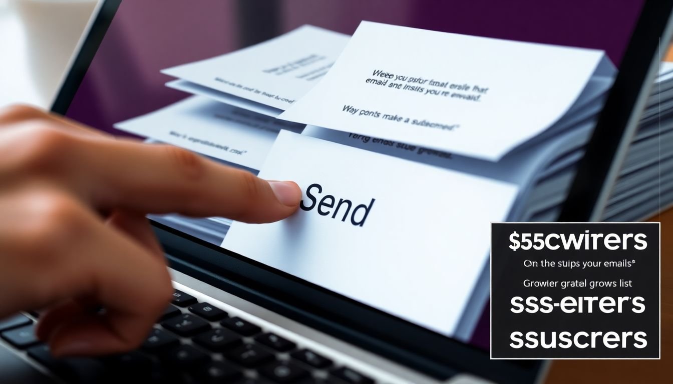 A close-up of a hand clicking the 'send' button on a laptop, with a stack of opened, personalized emails in the background, and a growing list of subscribers in the corner.