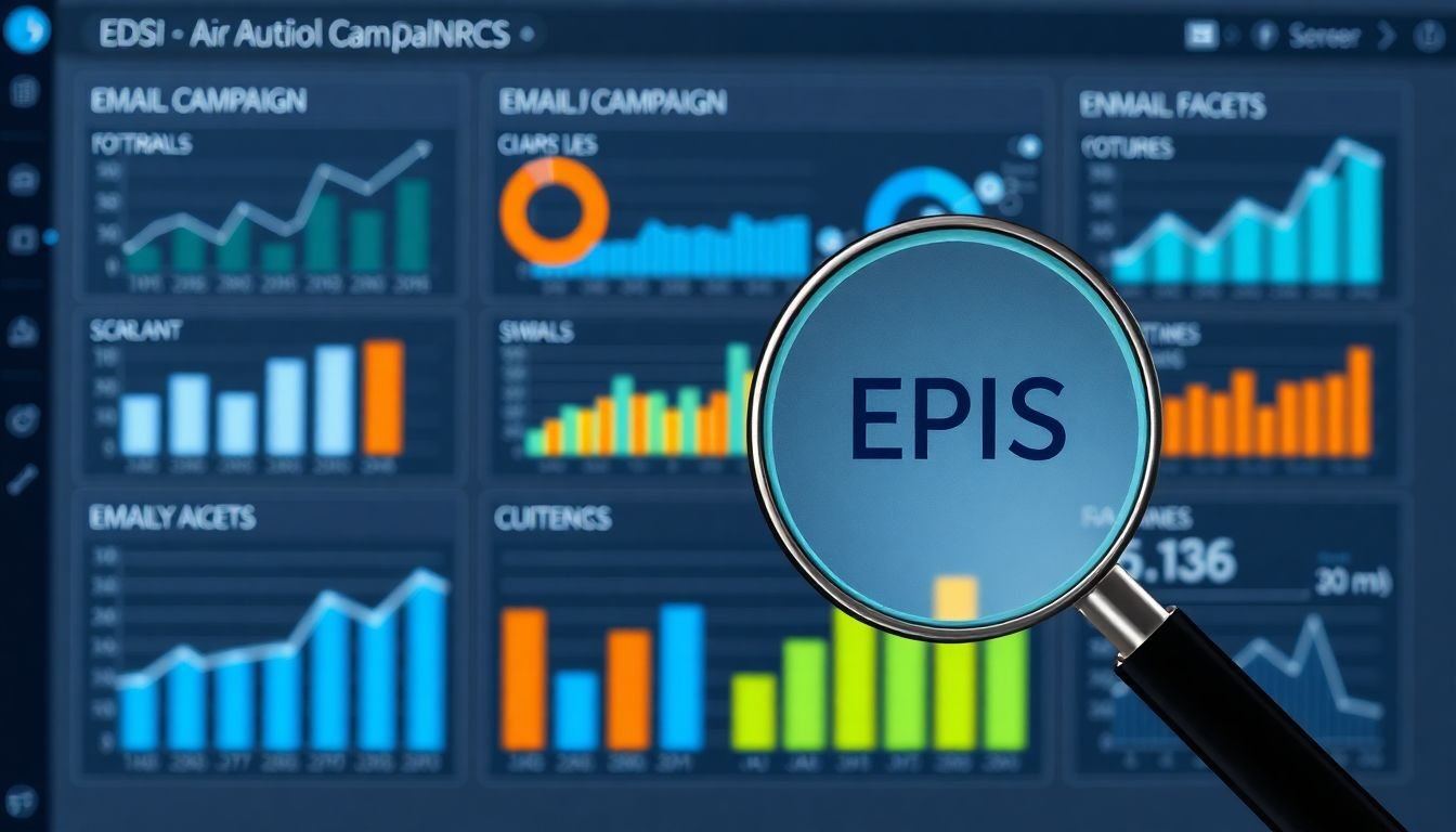 A dashboard displaying various graphs and charts showing email campaign performance, with a magnifying glass highlighting the KPIs.