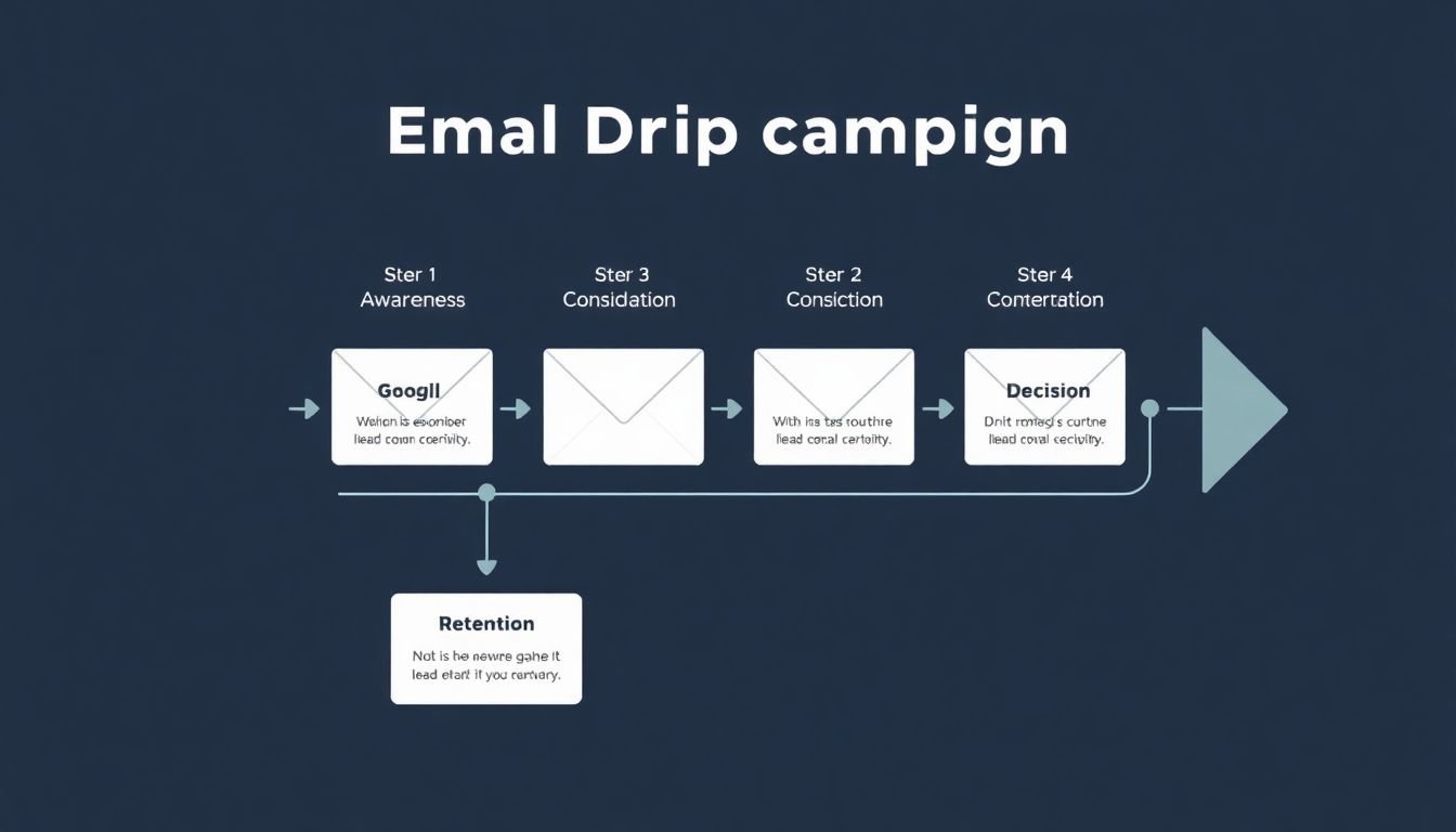 An infographic illustrating the journey of a lead through an email drip campaign, with stages like awareness, consideration, decision, and retention.