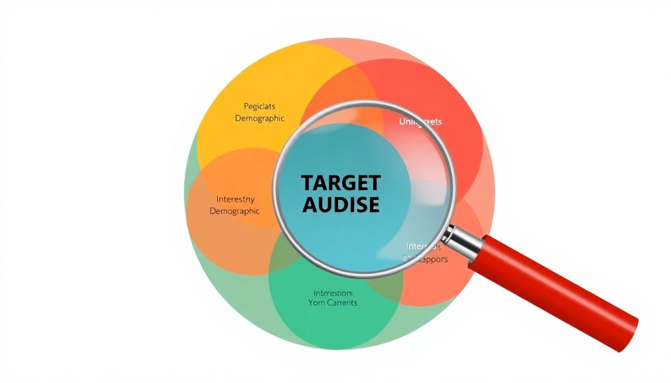 A Venn diagram with different segments of an audience, such as demographics, interests, and behaviors, with a magnifying glass highlighting the target audience.