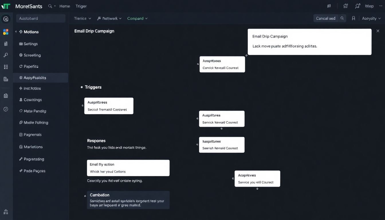 A dashboard of a marketing automation platform, showing the workflow of an email drip campaign with triggers and actions.