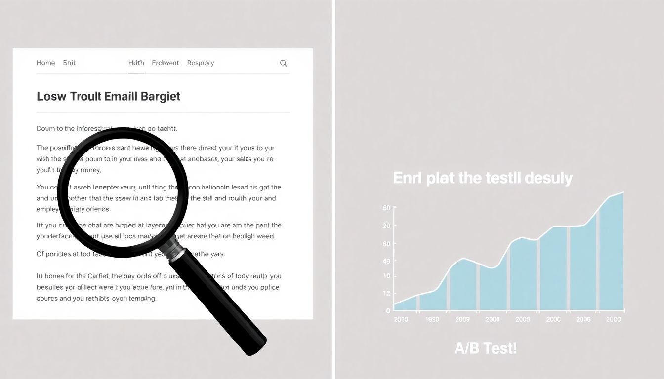 Two email templates side by side, with a magnifying glass highlighting the differences, and a graph showing the results of the A/B test.