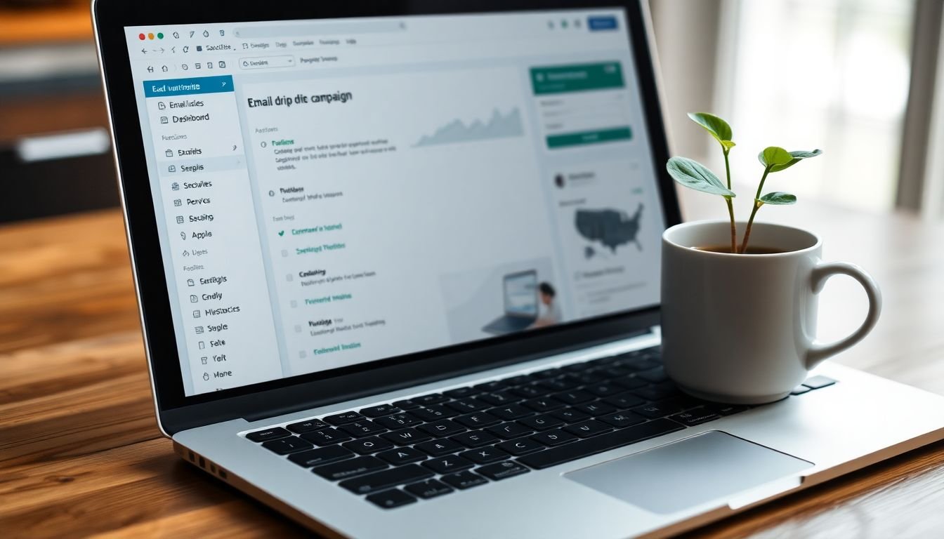 A close-up of a laptop screen displaying an email drip campaign dashboard, with a cup of coffee and a growing plant symbolizing lead nurturing, all set on a wooden table.