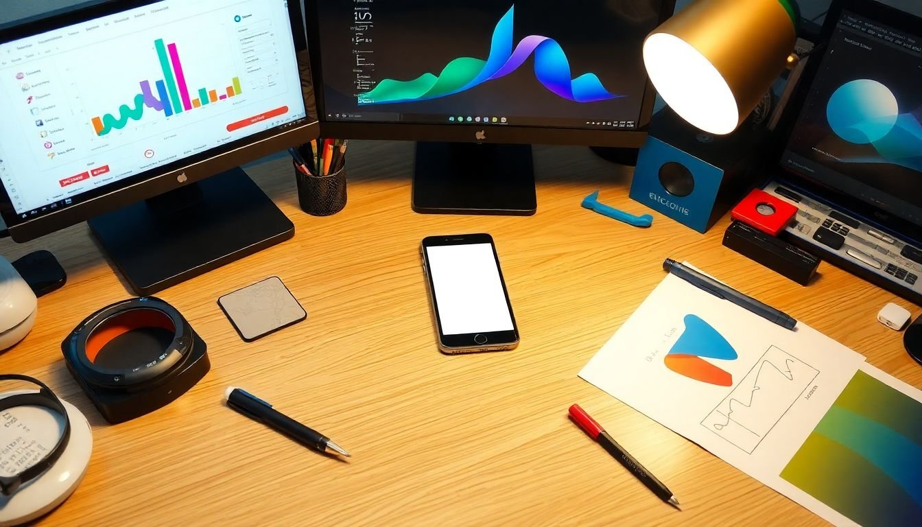A designer's workspace with a mobile device placed prominently at the center, surrounded by design elements and tools.