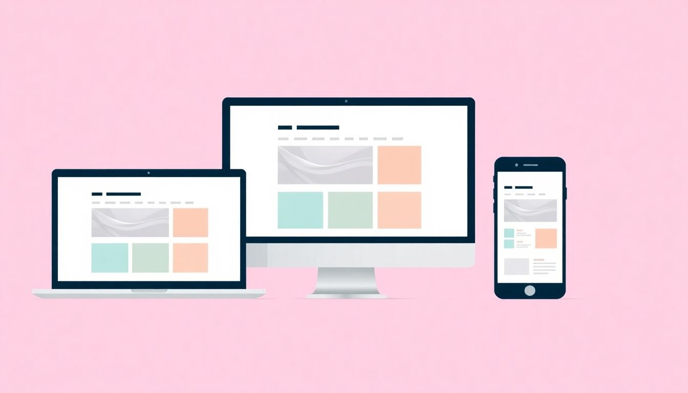 A flat design illustration of a responsive layout fluidly adjusting its content on different screen sizes, from a desktop to a smartphone.
