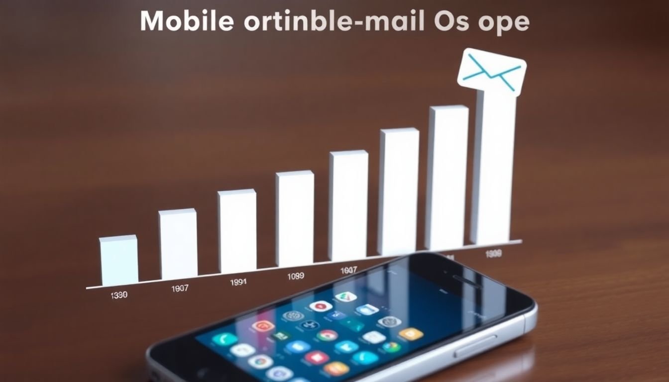 A bar graph showing the increasing trend of mobile email opens over time, with a smartphone in the foreground.