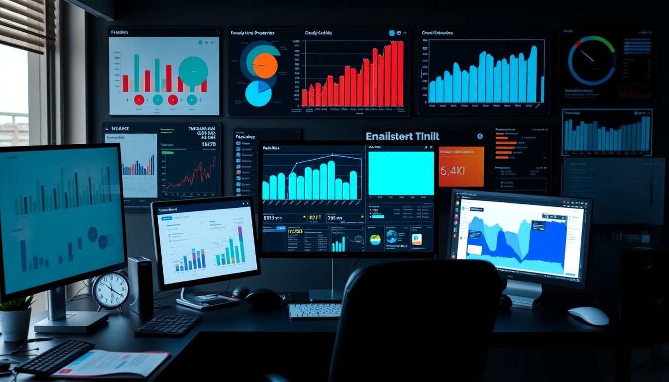 A data analyst's workspace, filled with charts, graphs, and tools for analyzing email performance metrics.