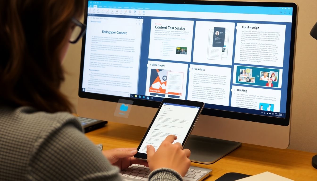 A content strategist repurposing a whitepaper or eBook into various formats on a computer screen.