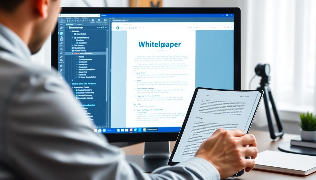 A SEO specialist optimizing a whitepaper or eBook on a computer screen, with SEO-related tools visible.