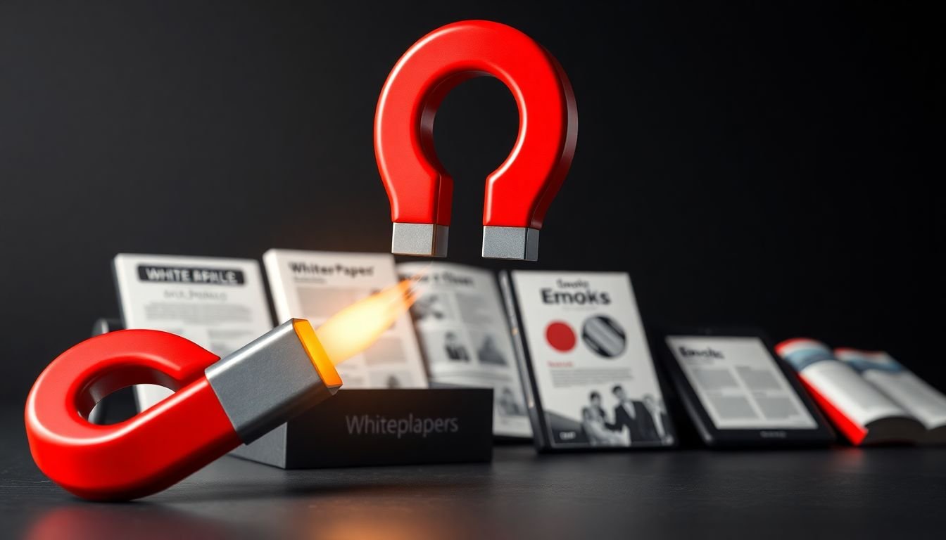 A magnet attracting leads, with whitepapers and eBooks visible in the background.