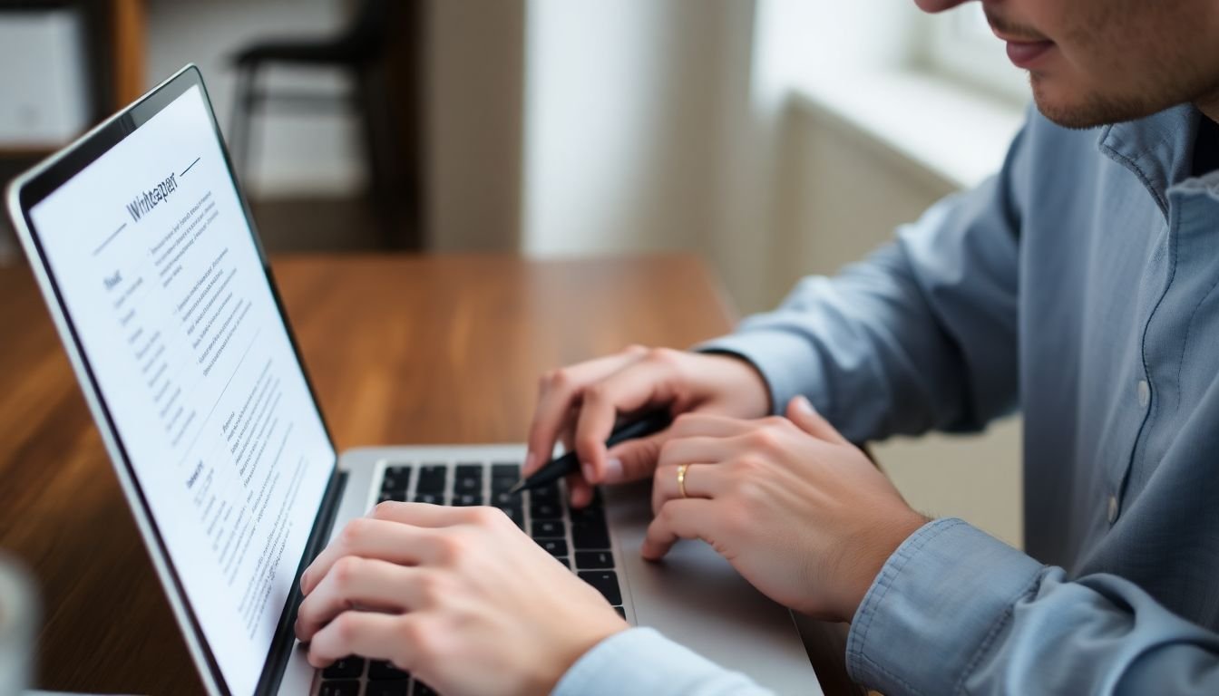 A writer researching and drafting a whitepaper on a laptop.