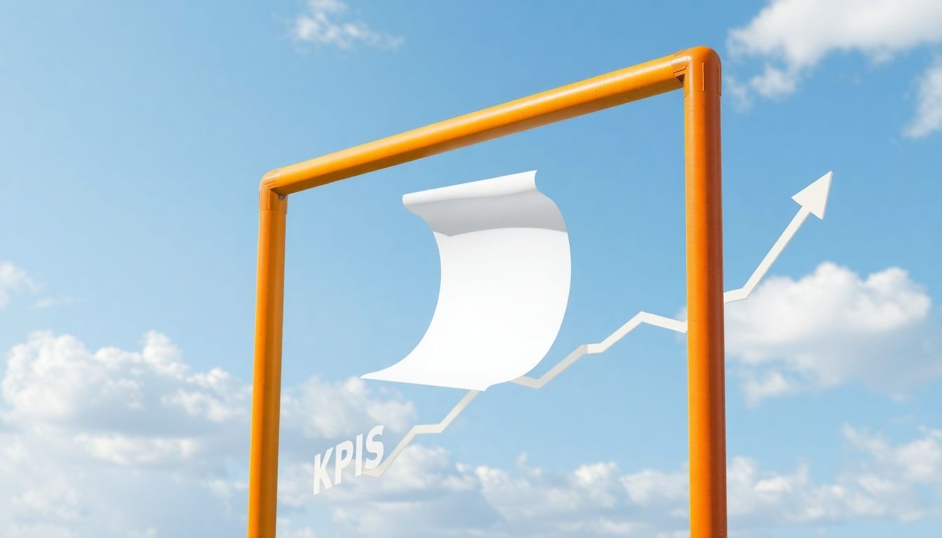 A goalpost with a whitepaper flying through it, and a graph showing increasing KPIs behind it.